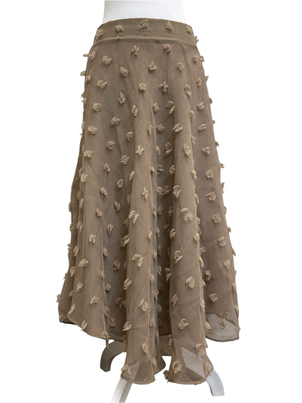 Anthropologie StyleKeepers Tan Burlap Dotted Fringe Asymmetrical Midi Skirt